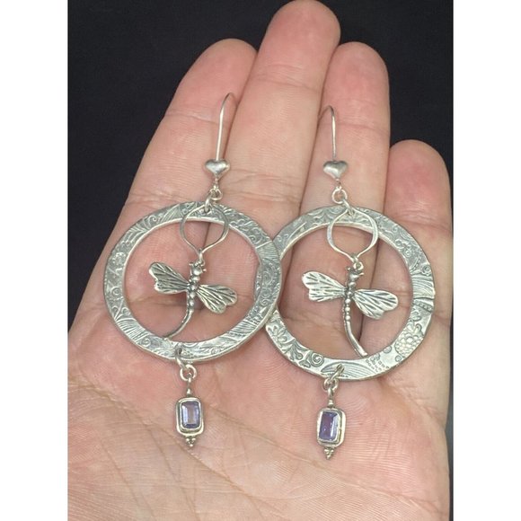 Large 925 Dragonfly Hoop Earrings Dangle Drop Amethyst Etched Fine Insect Unique - Picture 7 of 7